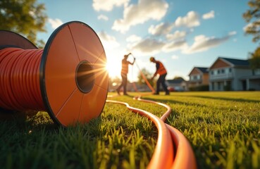 Fototapeta na wymiar Construction workers install fiber optic cable outdoors during golden hour. Teamwork focuses on infrastructure project, connecting homes with advanced technology. Rural setting modern telecom