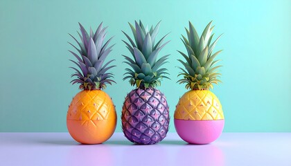 Three colorful painted pineapples in a row on a pastel background.