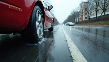 Red car drives on wet asphalt road spraying water. Other cars travel on a cloudy day. Traffic moves on a wet city street. Danger on wet asphalt.