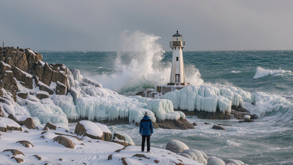 Lighthouse on rocky, icy coast with waves crashing dramatically, observed by a solitary male explorer in winter attire. Scenic and remote winter landscape. Image made using Generative AI.