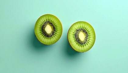 Two Sliced Kiwi Fruits on a Light Blue Background.