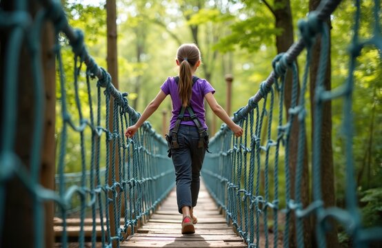 Young girl with ponytail walks across rope bridge in forest park. She wears harness and jeans, enjoying treetop adventure course high above ground. Child balances on suspended walkway.