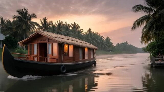 Traditional wooden houseboat cruising on a misty tropical backwater canal at sunrise or sunset surrounded by palm trees