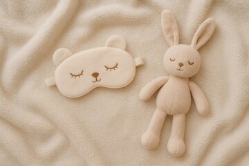 Cozy baby sleep mask with closed eyes and soft bunny toy resting on a textured beige blanket, promoting calm and restful sleep