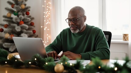 Elderly African American man planning budget at minimalistic desk with Christmas decorations, financial planning concept.