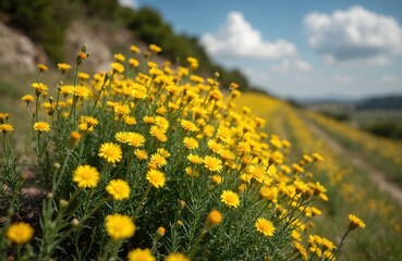 Obraz premium Yellow wildflowers cover sunny hillside field under bright blue sky with white clouds. Many small, delicate flowers carpet landscape, creating vibrant natural scene. Green foliage provides fresh