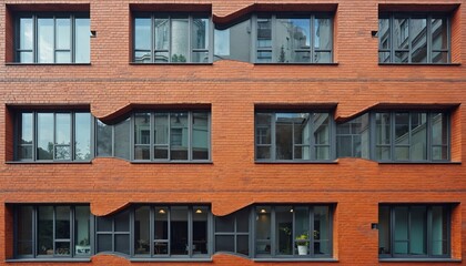 Fototapeta premium Brick facade irregular windows. Modern building exterior shows urban design. Apartments exterior reflects urban landscape. Architectural design features geometric pattern. Windows reflect nearby