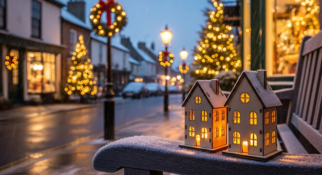 Cute Christmas toy houses: Festive houses with warm lights on snowy bench in holiday street  