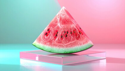 Vibrant Watermelon Slice on Pink and Blue Geometric Display.