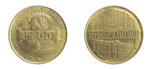 Italy two hundred lira coin on white isolated background