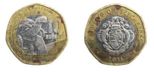 Seychelles ten rupees coin on a white isolated background