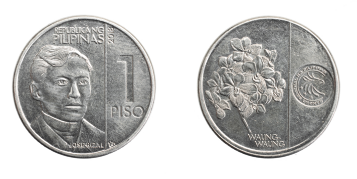 Philippines one piso coin on white isolated background