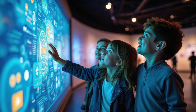 Three kids explore large interactive digital screen at modern tech Girl touches glowing blue display with data visuals. Children learn, engage with future innovation in science museum. Look happy,