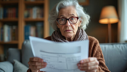 Elderly woman looks shocked reading bill. Senior citizen shows surprise from invoice payment news. Woman feels stress over unexpected financial costs. Female gets worried with budget.