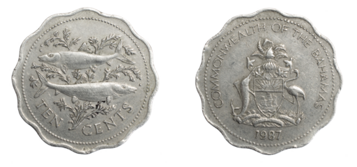 Bahamas ten cents coin on white isolated background