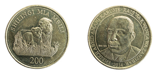 Zanzibar two hundred shilling coin on a white isolated background
