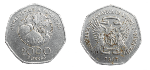 Saint Thomas island two thousand dobras coin on white isolated background