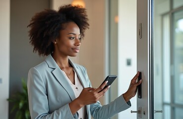 Businesswoman uses phone to unlock office door with electronic scanner. Female employee enters building using mobile access control technology for secure entry and exit.