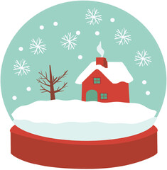 Whimsical Christmas Snow Globe with Cute Red Cottage, Bare Tree, Snowy Landscape, and Festive Seasonal Design for Holiday Graphics