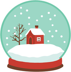 Cozy Winter Snow Globe Illustration Featuring a Red House, Snow-Covered Roof, Falling Snowflakes, and Peaceful Holiday Scenery