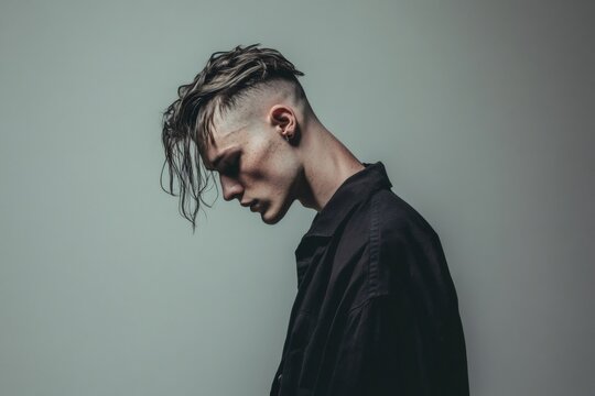 Young man with an edgy undercut and wet look hair, wearing a dark shirt, expressing introspection and loneliness