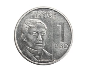 Philippines one piso coin on white isolated background