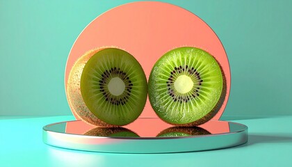 Two kiwi halves on a reflective surface against a colorful backdrop.