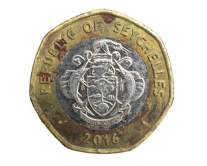 Seychelles ten rupees coin on a white isolated background