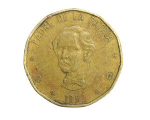 Dominicana one peso coin on a white isolated background