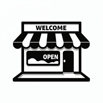 Front view of small shop with striped awning. Black graphic of store welcomes customers. Concept for retail business startup. Sign says Open for shopping in marketplace. Business open time.