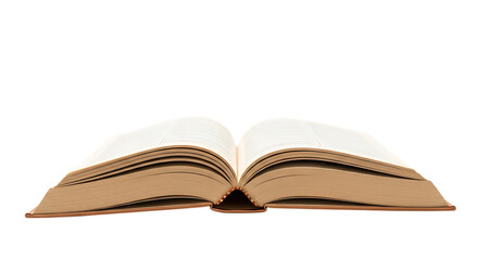 Fototapeta premium Open hardcover book with thick pages and tan cover, isolated on a white or transparent background, cutout, PNG
