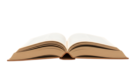 Open hardcover book with thick pages and tan cover, isolated on a white or transparent background, cutout, PNG