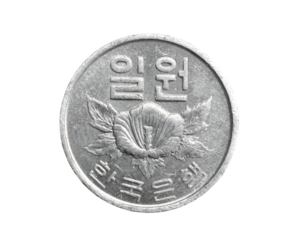 South Korea One Won coin on a white isolated background