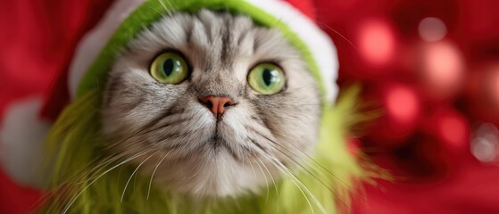 Adorable grey tabby cat wearing a festive Grinchlike Christmas hat and green costume, looking up with bright green eyes against a red holiday background Concept of funny pets, winter holidays, and fes