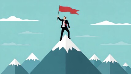 Businessman in suit standing on top of a snowy mountain peak holding a red flag symbolizing success, achievement, and reaching a goal against a blue sky with clouds - Powered by Adobe