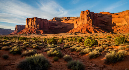Desert Landscape Red Rock Formations Golden Hour Copy Space