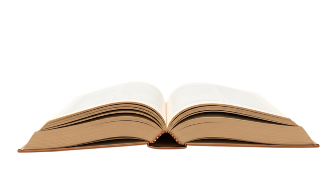 Open hardcover book with thick pages and tan cover, isolated on a white or transparent background, cutout, PNG
