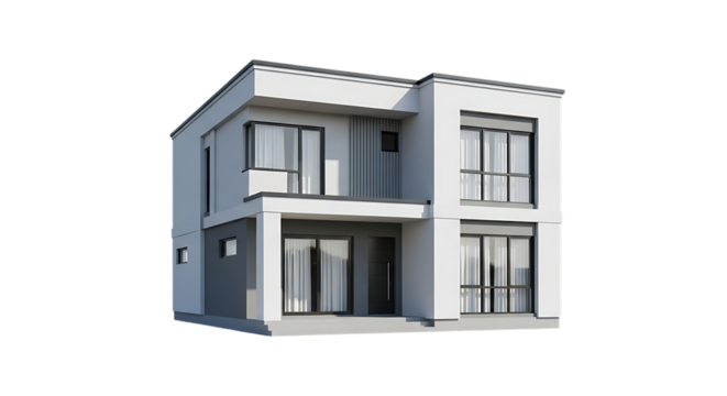 Modern Two Story White and Gray Residential House with Large Windows, isolated on a white or transparent background, cutout, PNG
