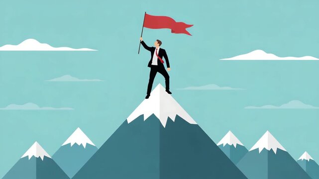 Businessman in suit standing on top of a snowy mountain peak holding a red flag symbolizing success, achievement, and reaching a goal against a blue sky with clouds