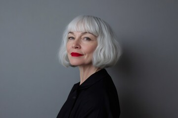 Mature woman showing confidence and style, her gray bob haircut and striking red lipstick creating a modern portrait