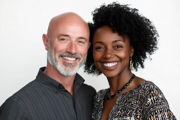 Smiling diverse couple posing together on a white background. Demonstrating happiness, partnership, and positive emotion
