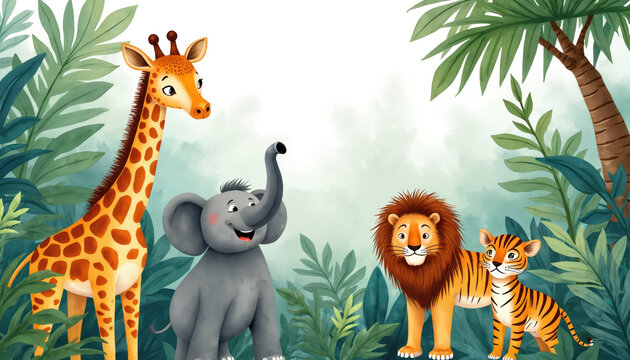 Cute cartoon elephant, giraffe, lion, tiger stand together in rich green jungle. Watercolor style art features tropical plants, trees. Image good for children books, decor, nature themes. White space