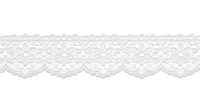 White Eyelet Lace Trim with Floral Pattern and Scalloped Edge, isolated on a white or transparent background, cutout, PNG
