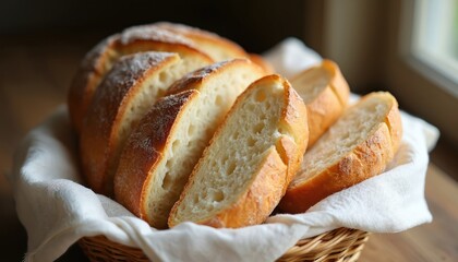 Sliced loaf of bread in basket with white cloth. Fresh baked bread slices on wooden table. Food photo for restaurant menu design. Breakfast meal concept with rustic style.