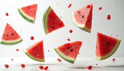 Photo of flying watermelon slices with seeds. Fresh juicy fruit on white background. Creative food art or design element. Refreshing summer concept for nutrition or diet.