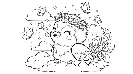 Whimsical baby bird wearing a floral crown amidst fluffy clouds surrounded by