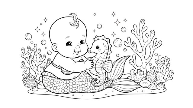 Adorable Merbaby Undersea Adventure with Coral Reefs and Playful Fish