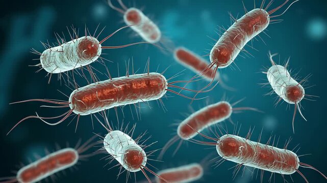 3d rendering of rod shaped bacteria with flagella and pili swimming in a blue liquid environment representing a microscopic view of infection or disease
