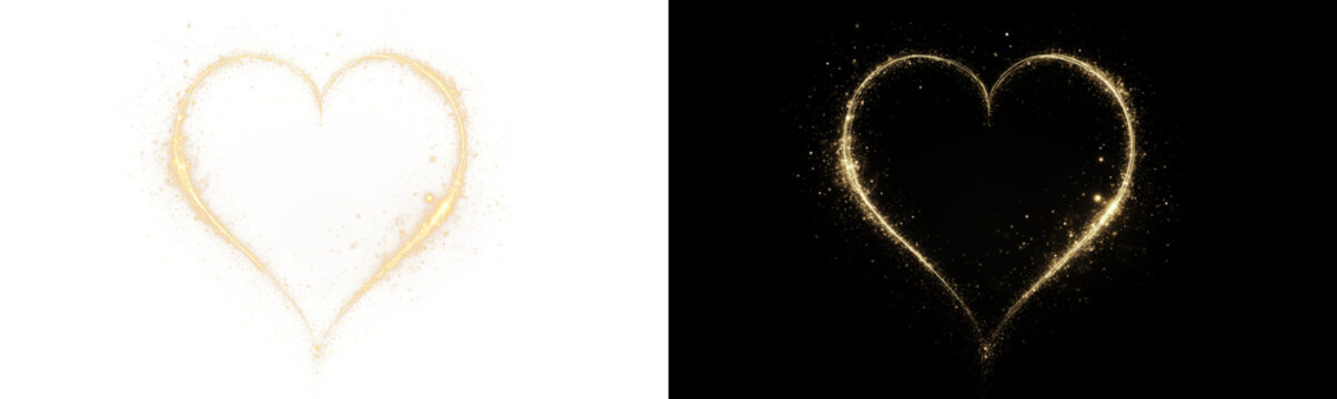 Golden glowing heart with light flashes on a transparent background. PNG for holiday cards, invitations, and romantic designs.