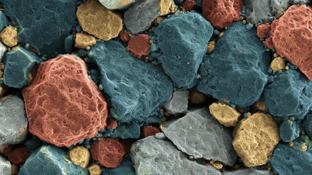 Close medium shot showcasing colorenhanced electron microscopy effects to differentiate grain phases during microstructural changes